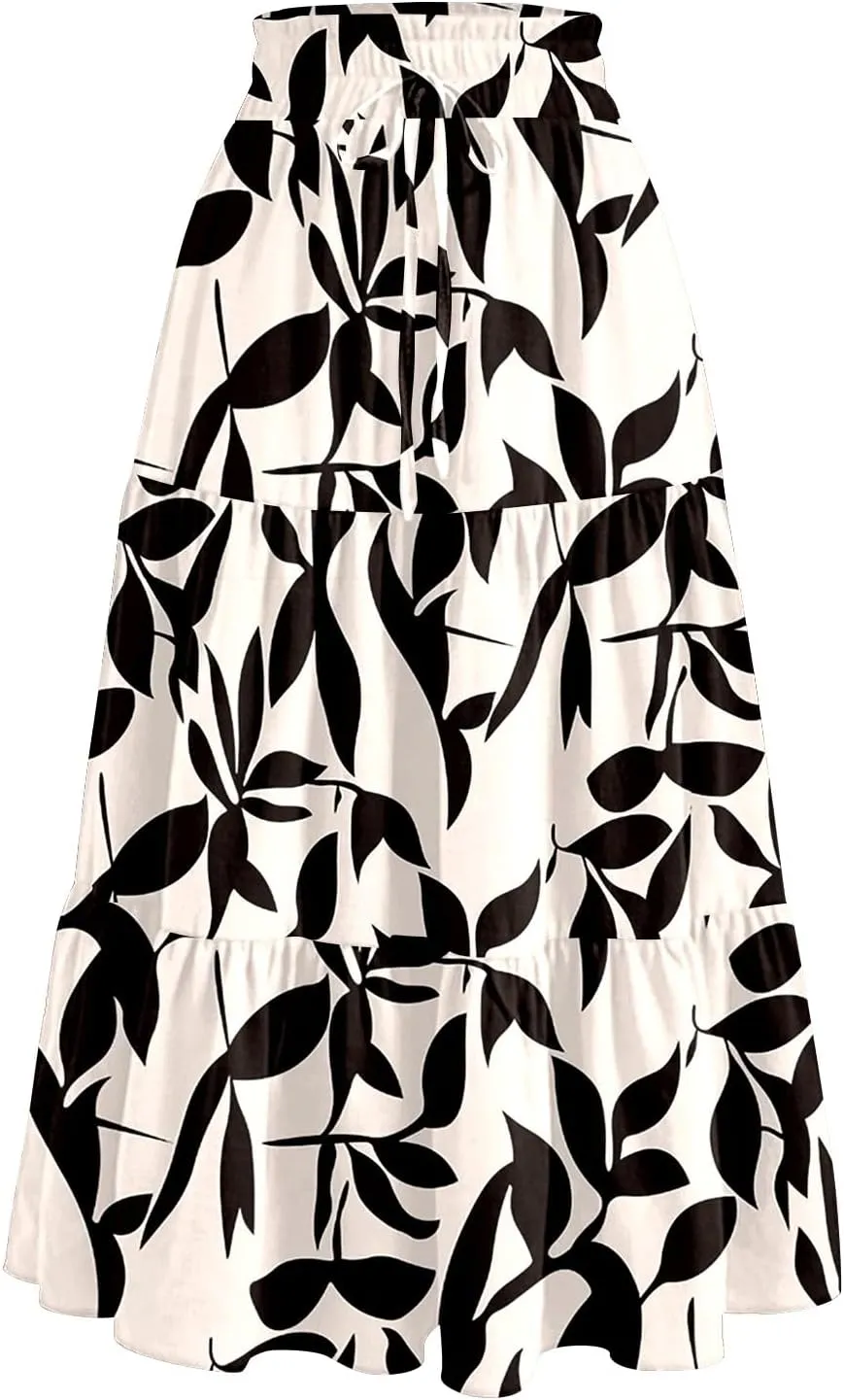 Ladies Skirts High Waist Flowy A-Line Maxi Skirt Long Bohemian Skirt Summer