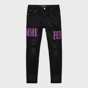 Letterman Denim Black With Purple Letters
