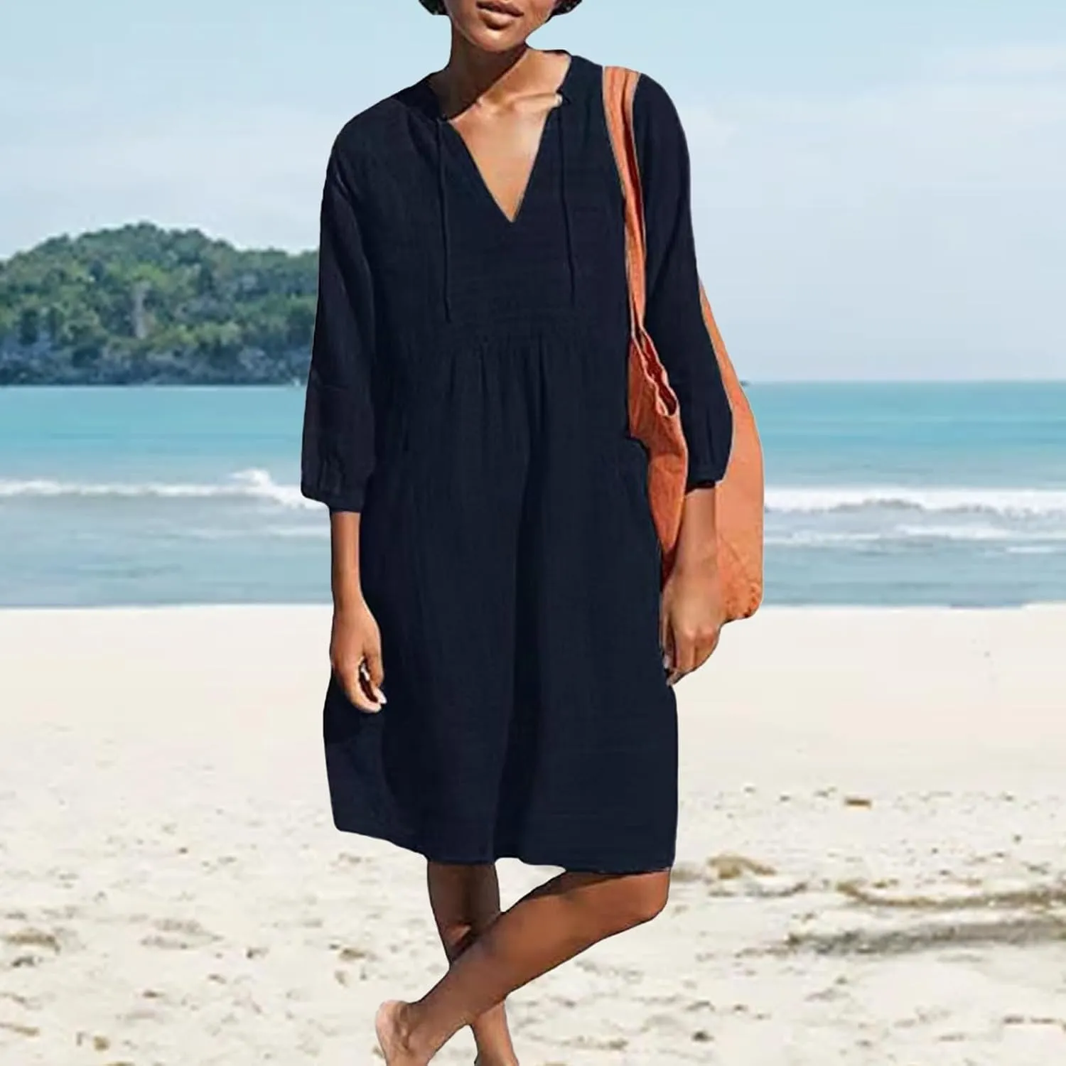 Linen Dress for Women 2025 Summer Casual 3/4 Sleeve Dress Shift Midi Dresses Beach Vacation Dresses with Pockets