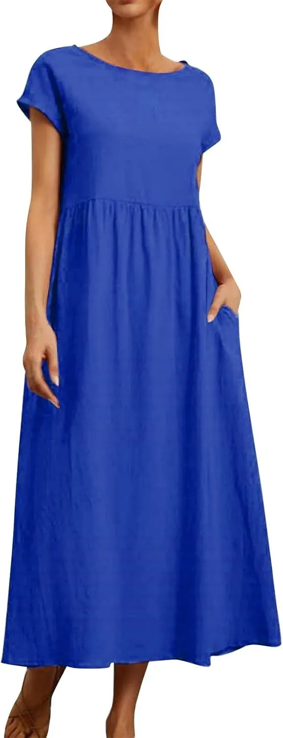 Linen Dresses for Women 2024 Casual Summer Vacation Midi Dress Comfy Loose Fit Smocked Short Sleeve Sun Dresses