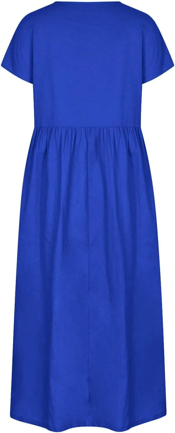 Linen Dresses for Women 2024 Casual Summer Vacation Midi Dress Comfy Loose Fit Smocked Short Sleeve Sun Dresses