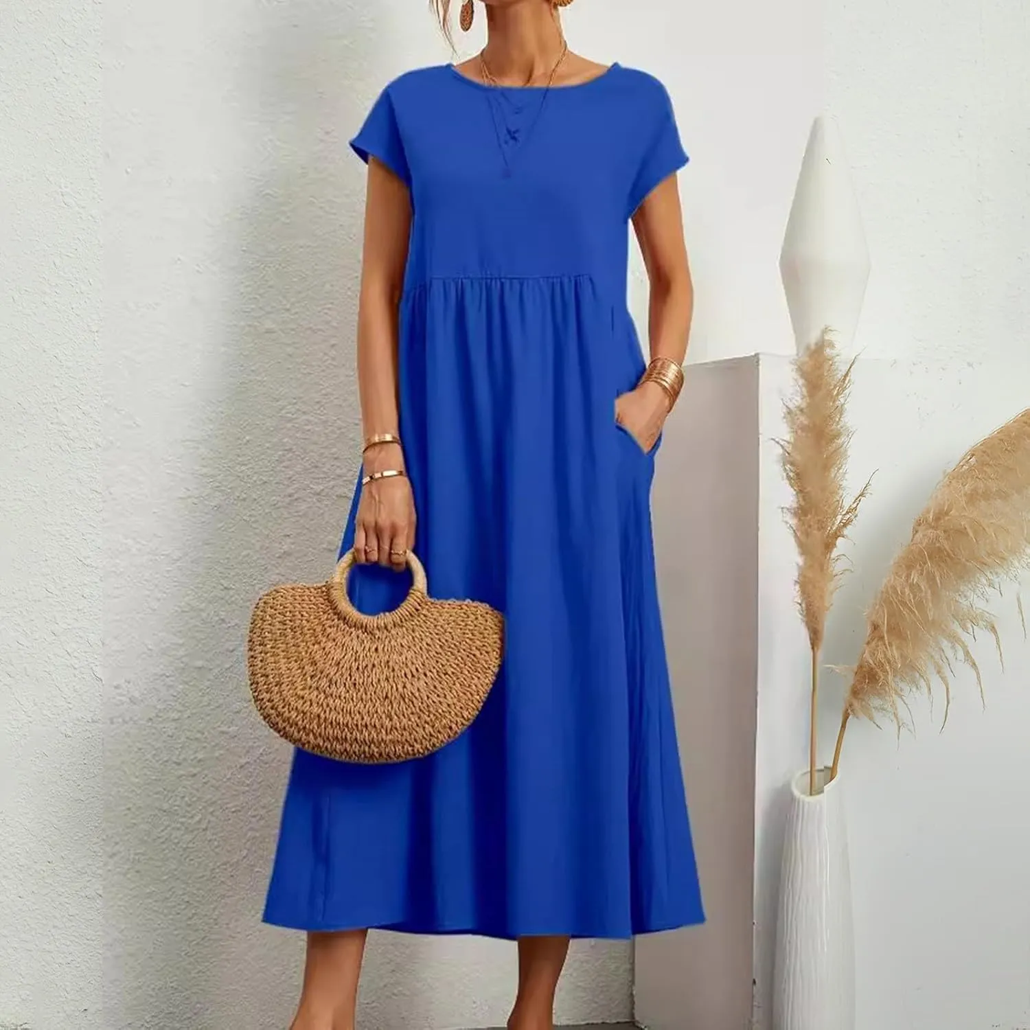 Linen Dresses for Women 2024 Casual Summer Vacation Midi Dress Comfy Loose Fit Smocked Short Sleeve Sun Dresses