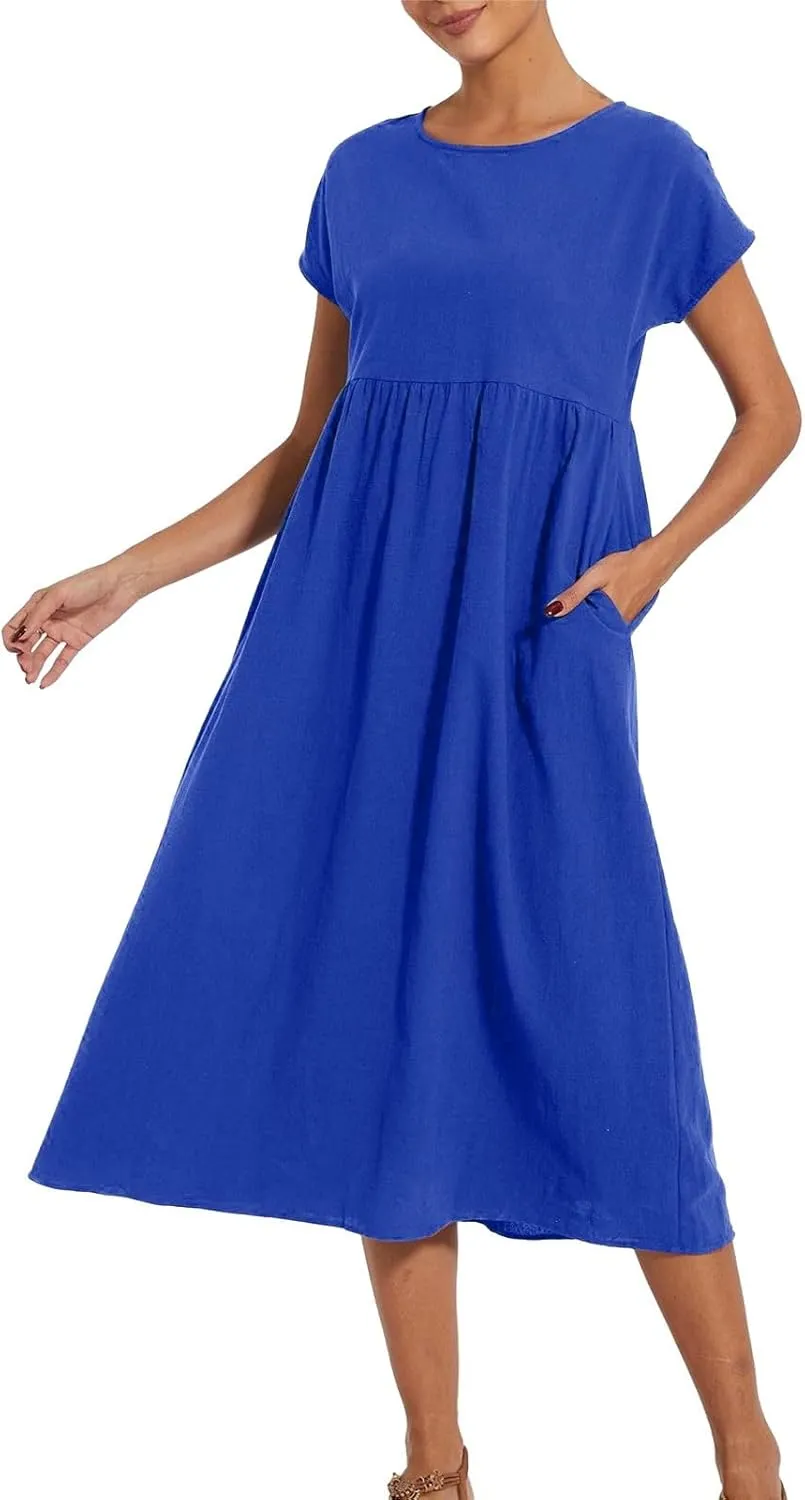Linen Dresses for Women 2024 Casual Summer Vacation Midi Dress Comfy Loose Fit Smocked Short Sleeve Sun Dresses