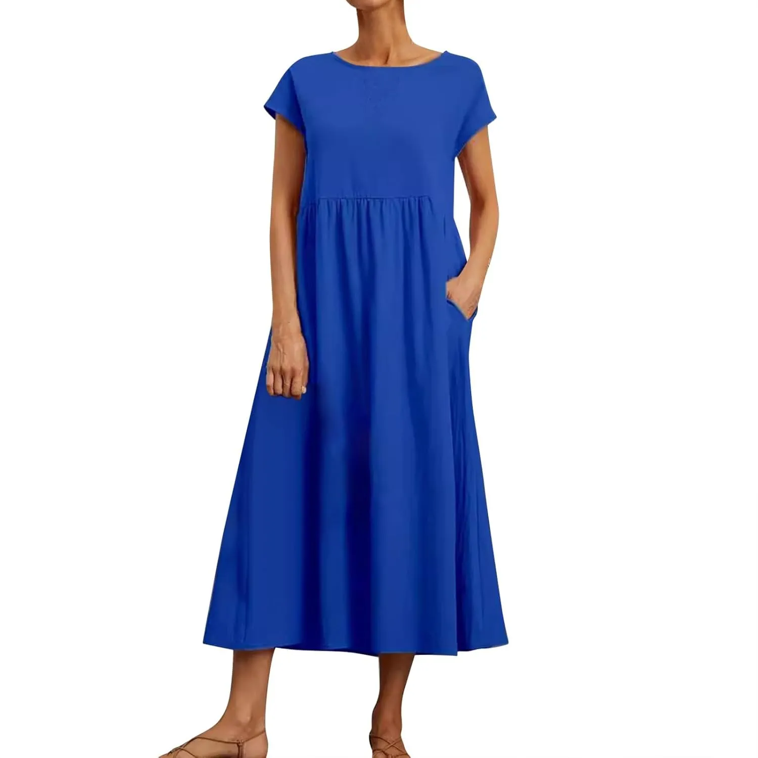 Linen Dresses for Women 2024 Casual Summer Vacation Midi Dress Comfy Loose Fit Smocked Short Sleeve Sun Dresses