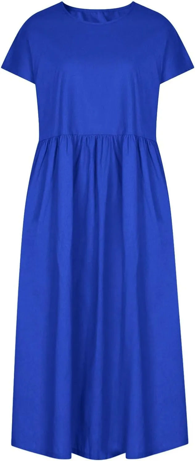 Linen Dresses for Women 2024 Casual Summer Vacation Midi Dress Comfy Loose Fit Smocked Short Sleeve Sun Dresses