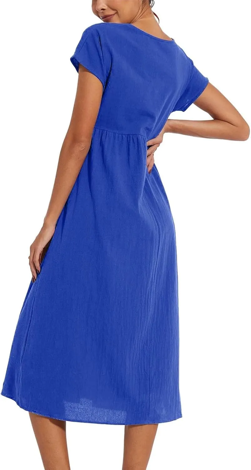 Linen Dresses for Women 2024 Casual Summer Vacation Midi Dress Comfy Loose Fit Smocked Short Sleeve Sun Dresses