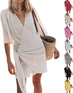 Linen Dresses for Women 2024 Summer Vacation Wrap Dress Loose Fit Tie Waist V Neck Casual Short Dresses