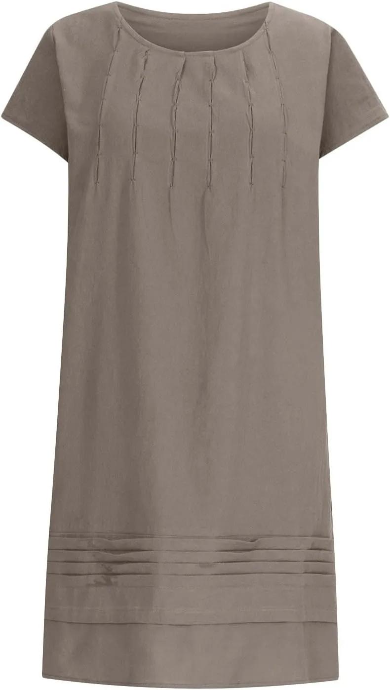 Linen Dresses for Women 2025 Short Sleeve Summer Casual Midi Dress Ruched Spring Dresses Beach Sundress