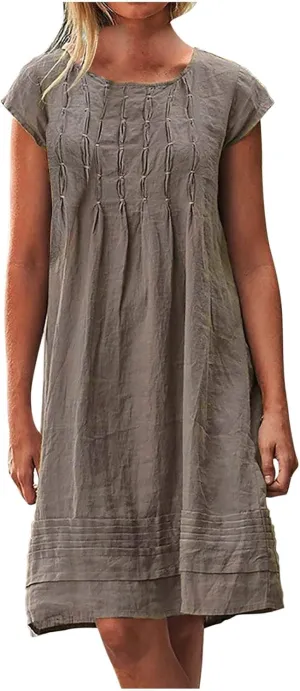 Linen Dresses for Women 2025 Short Sleeve Summer Casual Midi Dress Ruched Spring Dresses Beach Sundress