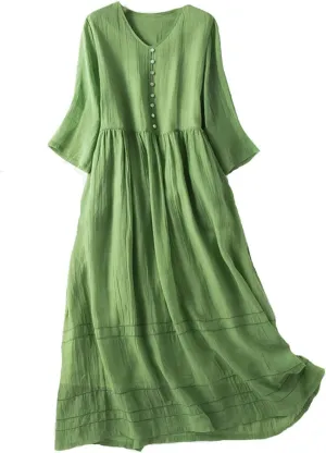 Linen Dresses for Women Casual Short Sleeve Sundress Fashion Solid Color Loose Button V-Neck Pleated Summer Dress