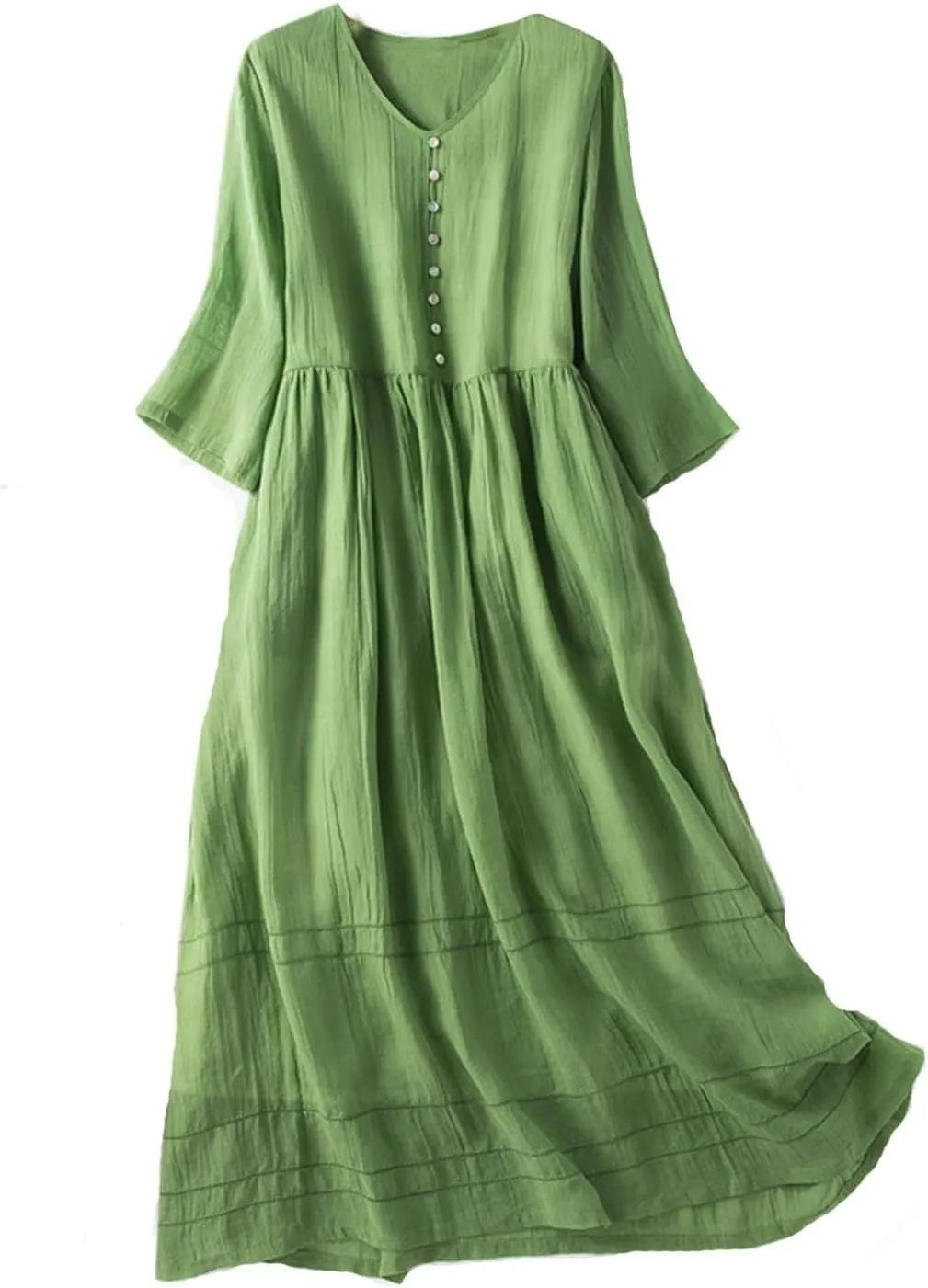 Linen Dresses for Women Casual Short Sleeve Sundress Fashion Solid Color Loose Button V-Neck Pleated Summer Dress