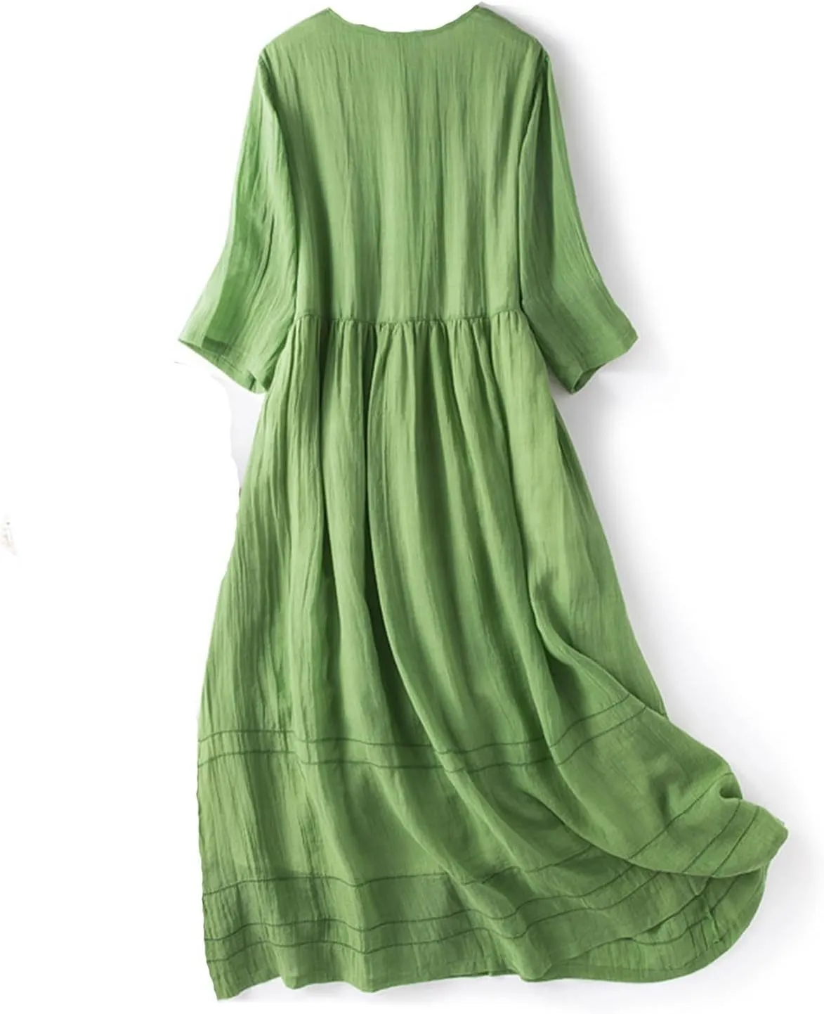 Linen Dresses for Women Casual Short Sleeve Sundress Fashion Solid Color Loose Button V-Neck Pleated Summer Dress