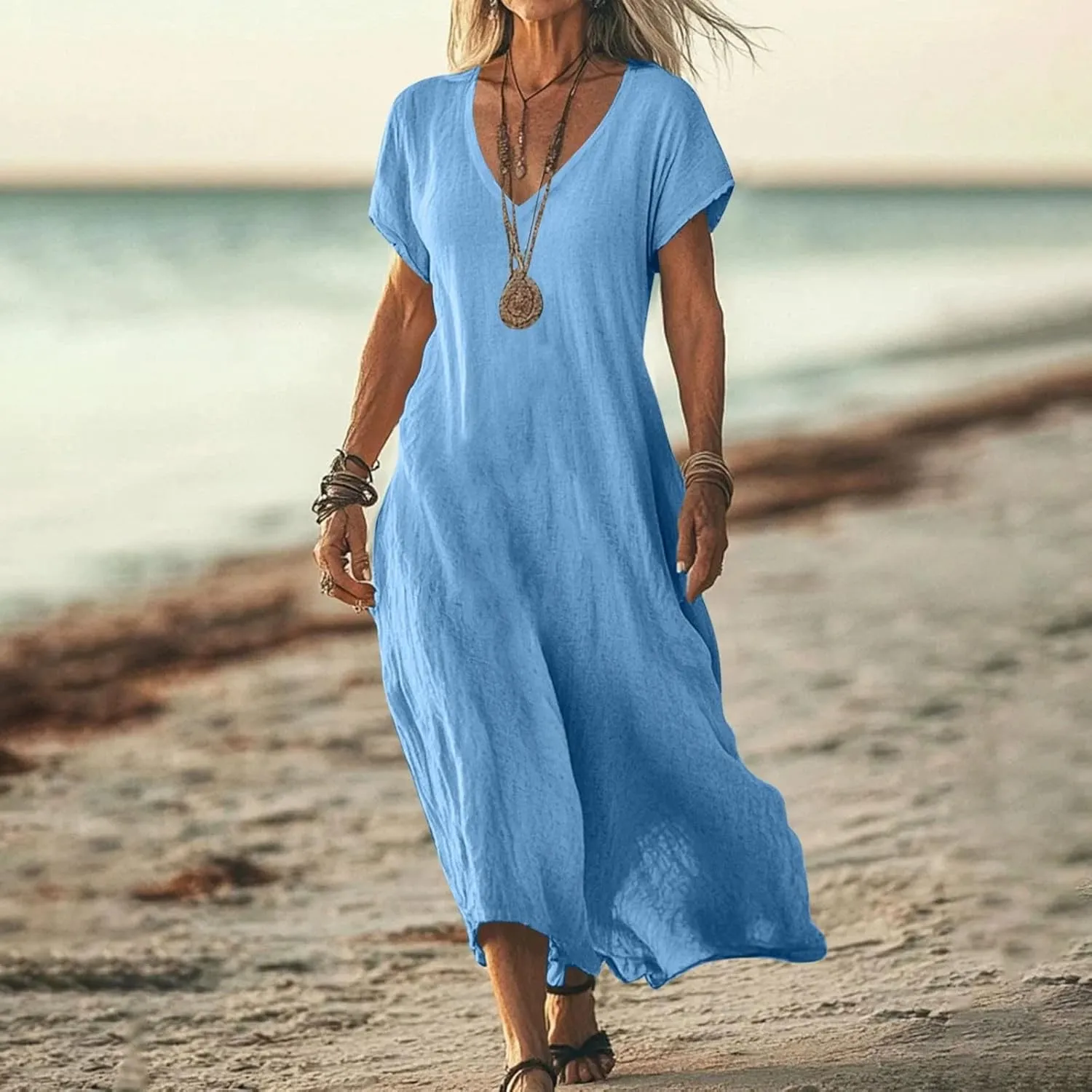Linen Dresses for Women Flowy V Neck Short Sleeve 2025 Maxi Dress Lightweight Summer Beach Vacation Casual Clothes