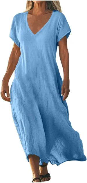 Linen Dresses for Women Flowy V Neck Short Sleeve 2025 Maxi Dress Lightweight Summer Beach Vacation Casual Clothes
