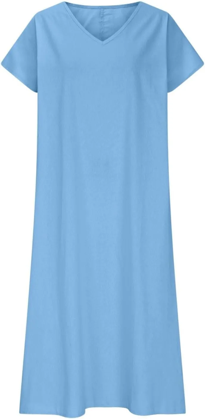 Linen Dresses for Women Flowy V Neck Short Sleeve 2025 Maxi Dress Lightweight Summer Beach Vacation Casual Clothes