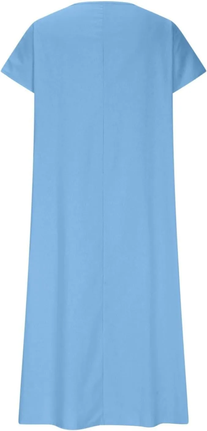 Linen Dresses for Women Flowy V Neck Short Sleeve 2025 Maxi Dress Lightweight Summer Beach Vacation Casual Clothes