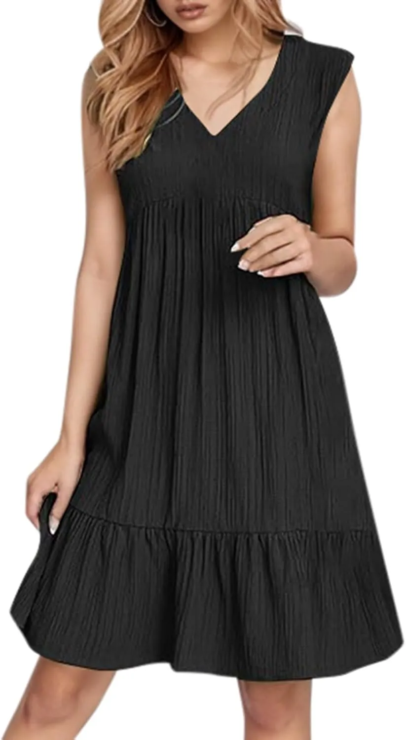 Linen Maxi Dresses for Women 2025 Sleeveless V Neck Mini Dress Fashion Casual Flowy Boho Ruffle A Line Swing Sundresses