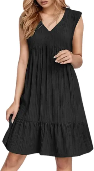Linen Maxi Dresses for Women 2025 Sleeveless V Neck Mini Dress Fashion Casual Flowy Boho Ruffle A Line Swing Sundresses