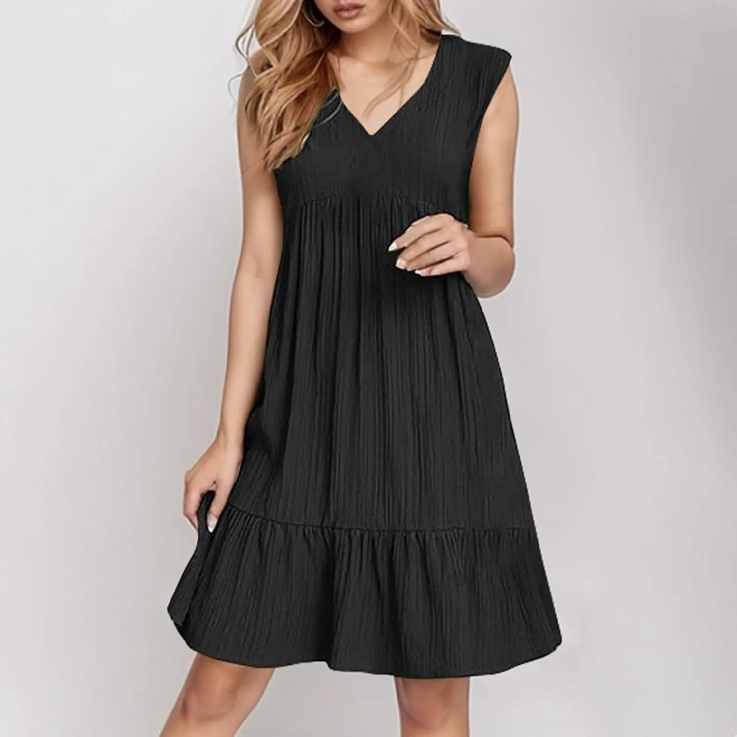 Linen Maxi Dresses for Women 2025 Sleeveless V Neck Mini Dress Fashion Casual Flowy Boho Ruffle A Line Swing Sundresses