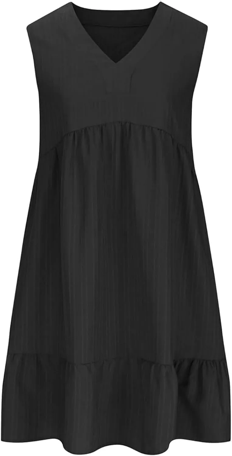 Linen Maxi Dresses for Women 2025 Sleeveless V Neck Mini Dress Fashion Casual Flowy Boho Ruffle A Line Swing Sundresses