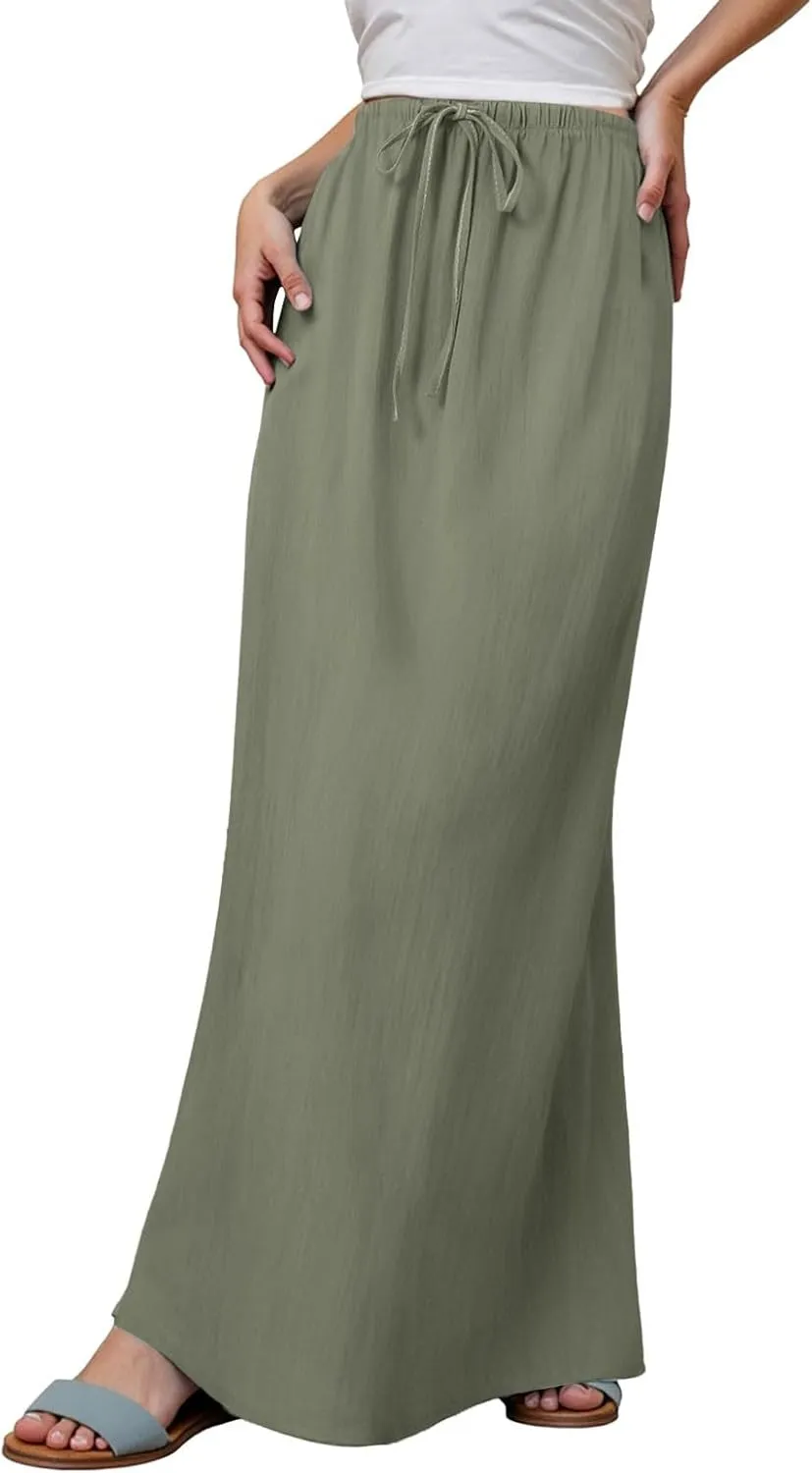 Linen Maxi Skirts for Women Summer Drawstring Waist A Line Skirts Cute Vacation Boho Beach Long Flowy Skirts