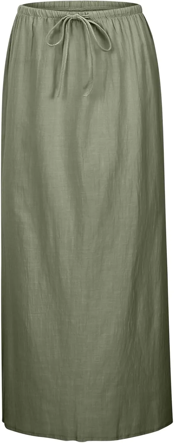 Linen Maxi Skirts for Women Summer Drawstring Waist A Line Skirts Cute Vacation Boho Beach Long Flowy Skirts
