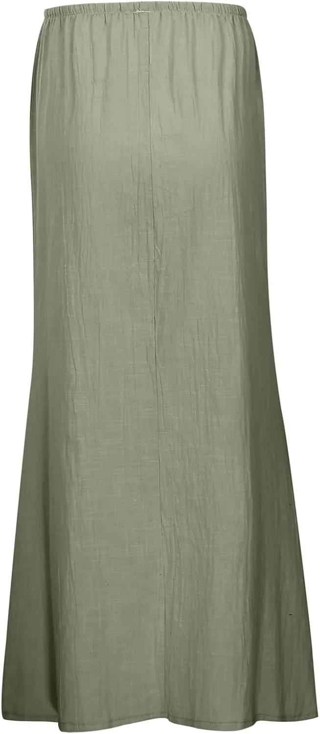 Linen Maxi Skirts for Women Summer Drawstring Waist A Line Skirts Cute Vacation Boho Beach Long Flowy Skirts