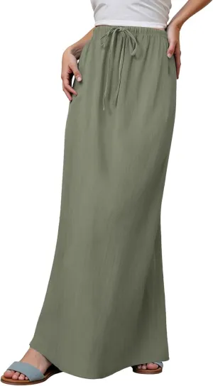 Linen Maxi Skirts for Women Summer Drawstring Waist A Line Skirts Cute Vacation Boho Beach Long Flowy Skirts