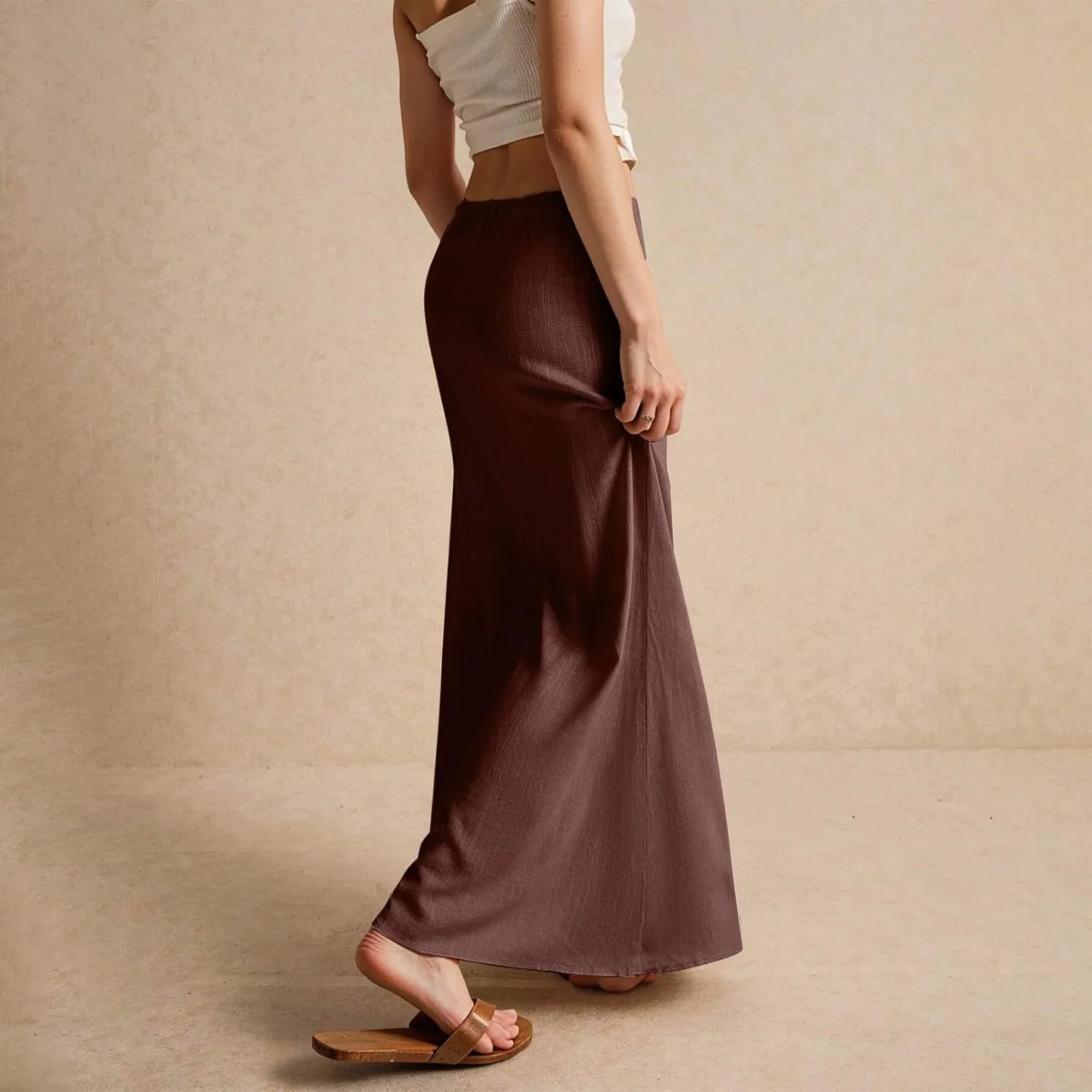 Linen Maxi Skirts for Women Trendy 2025 Casual Drawstring Low Waist Plain Skirts Boho Vacation Beach Skirts