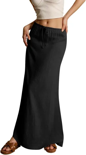 Linen Maxi Skirts for Women Trendy 2025 Casual Drawstring Low Waist Plain Skirts Boho Vacation Beach Skirts