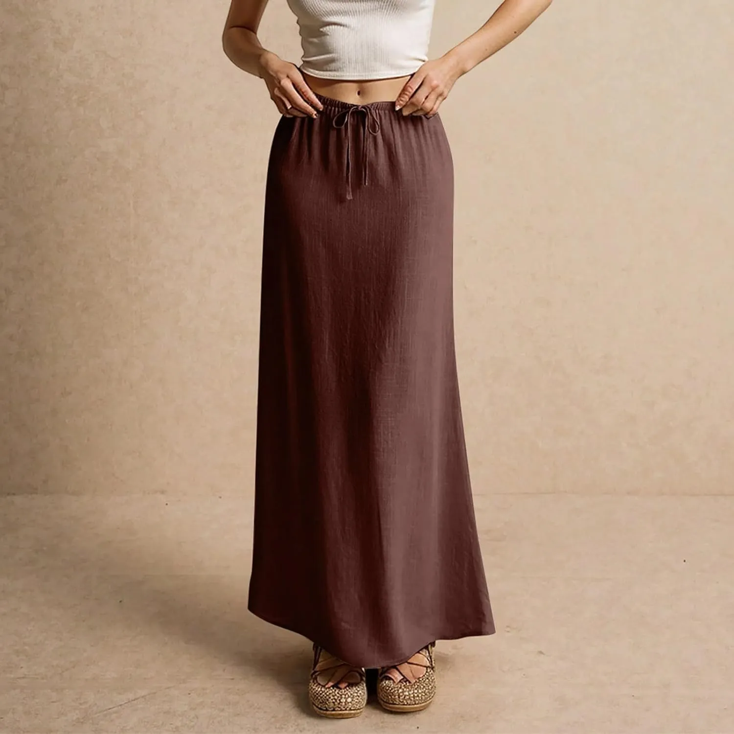 Linen Maxi Skirts for Women Trendy 2025 Casual Drawstring Low Waist Plain Skirts Boho Vacation Beach Skirts