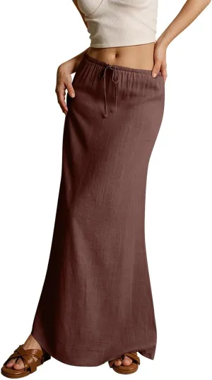 Linen Maxi Skirts for Women Trendy 2025 Casual Drawstring Low Waist Plain Skirts Boho Vacation Beach Skirts