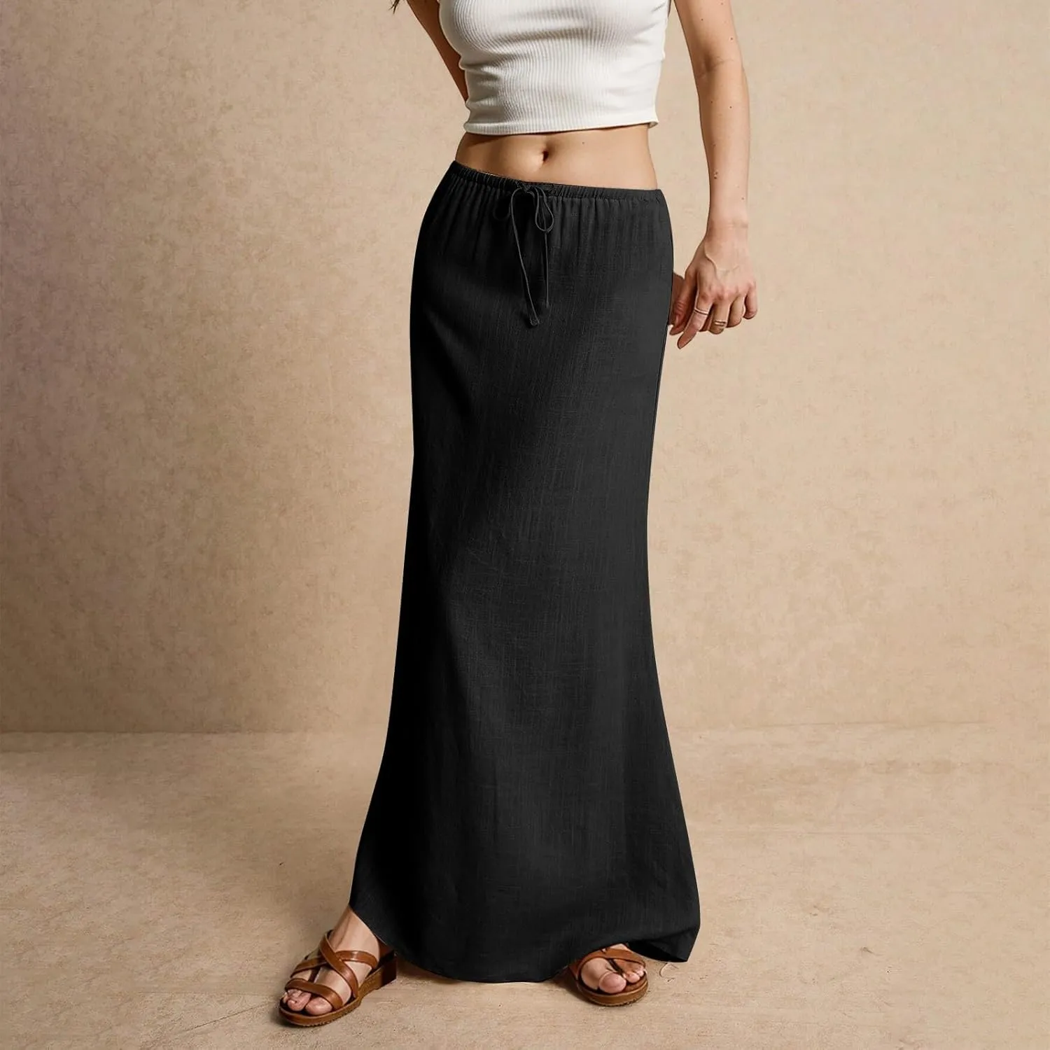 Linen Maxi Skirts for Women Trendy 2025 Casual Drawstring Low Waist Plain Skirts Boho Vacation Beach Skirts