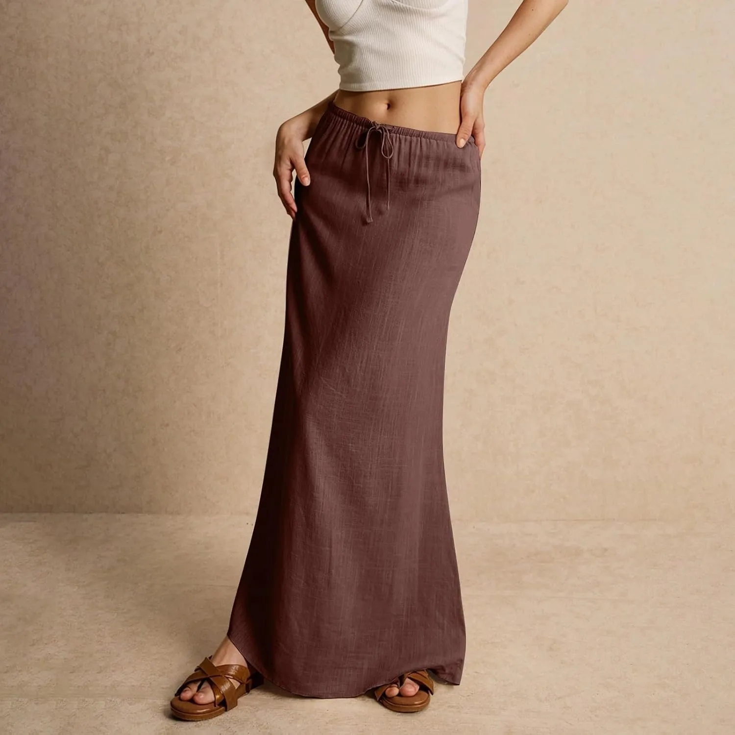Linen Maxi Skirts for Women Trendy 2025 Casual Drawstring Low Waist Plain Skirts Boho Vacation Beach Skirts