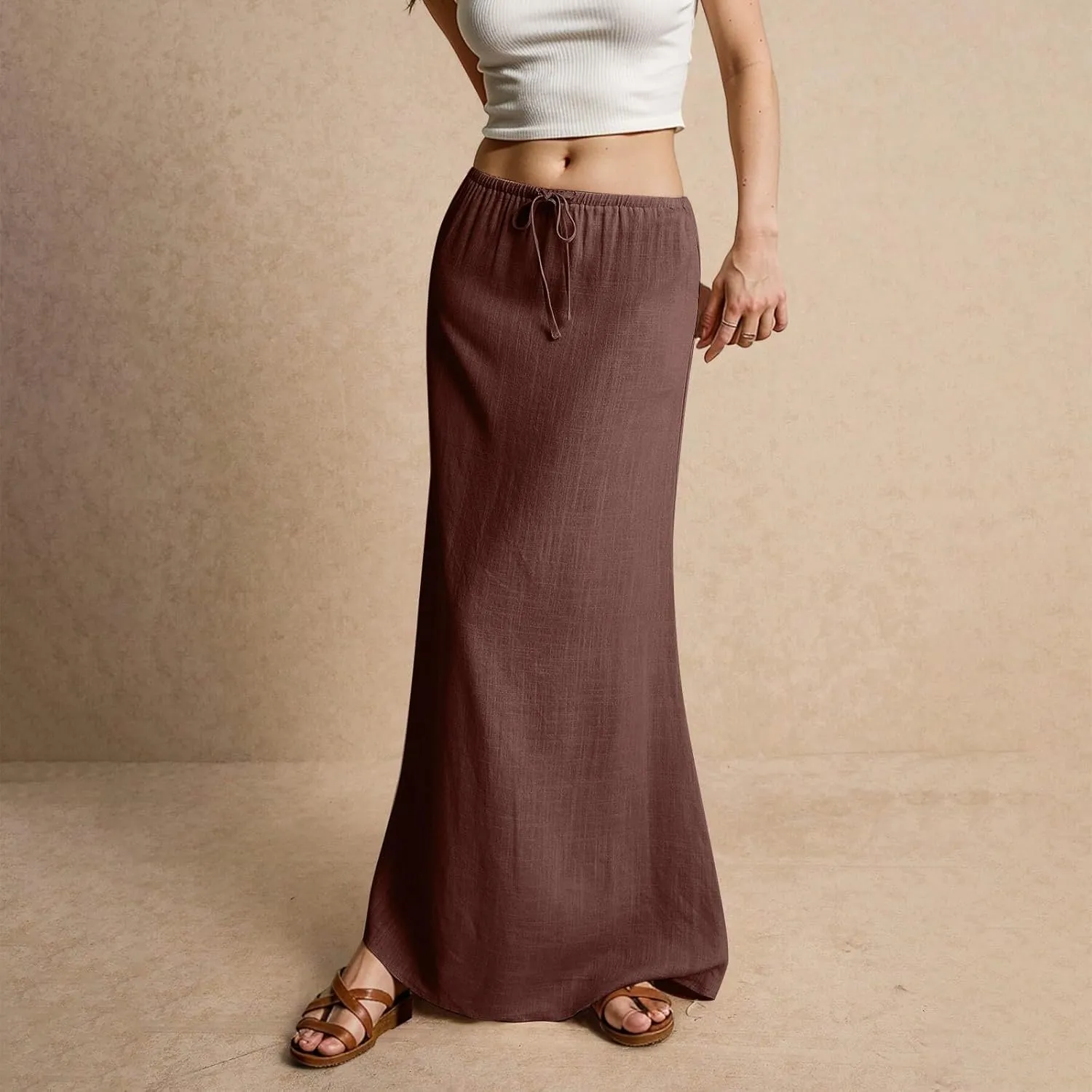 Linen Maxi Skirts for Women Trendy 2025 Casual Drawstring Low Waist Plain Skirts Boho Vacation Beach Skirts