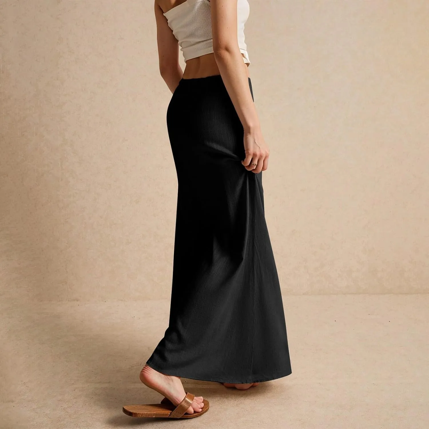 Linen Maxi Skirts for Women Trendy 2025 Casual Drawstring Low Waist Plain Skirts Boho Vacation Beach Skirts