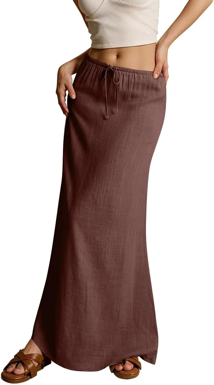 Linen Maxi Skirts for Women Trendy 2025 Casual Drawstring Low Waist Plain Skirts Boho Vacation Beach Skirts