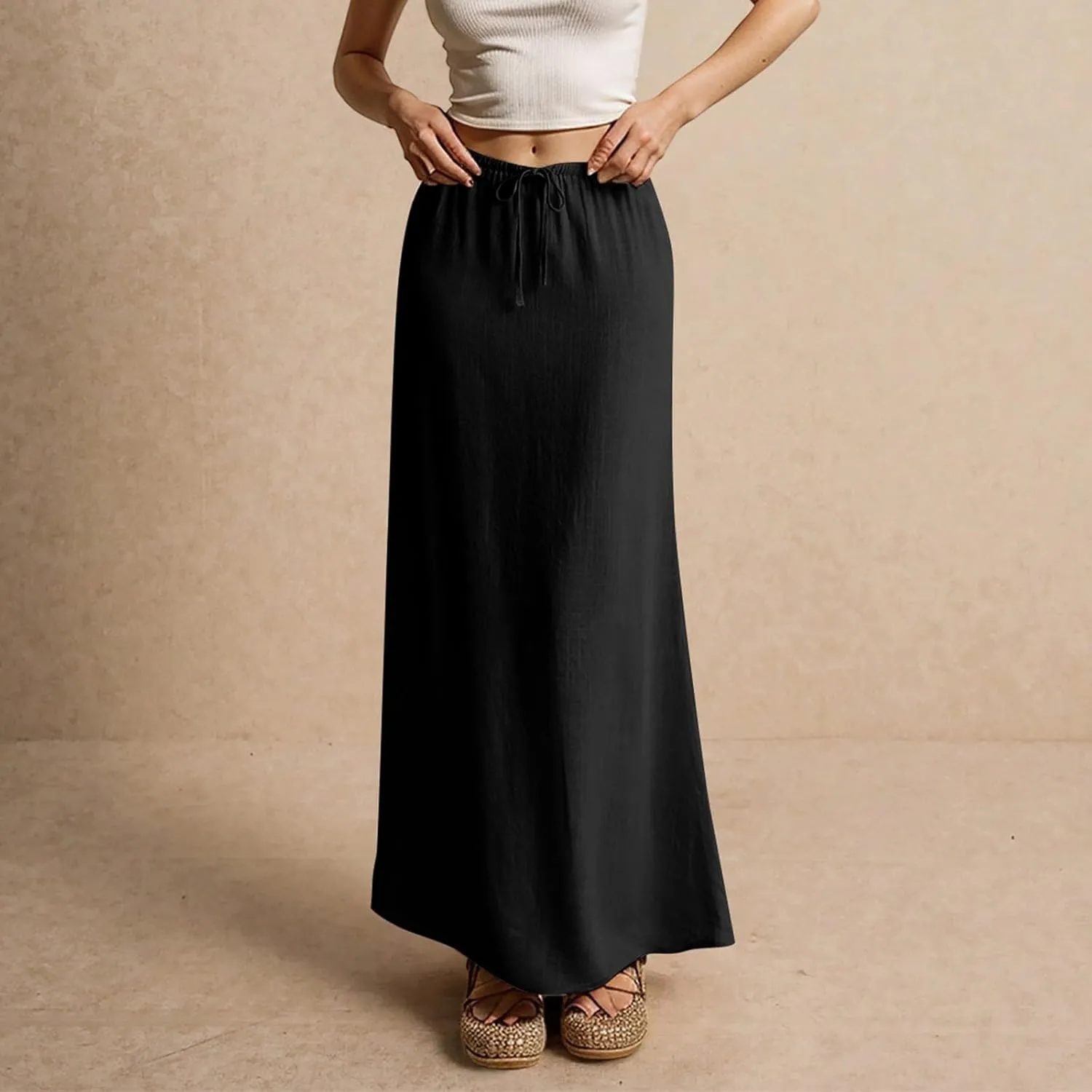 Linen Maxi Skirts for Women Trendy 2025 Casual Drawstring Low Waist Plain Skirts Boho Vacation Beach Skirts