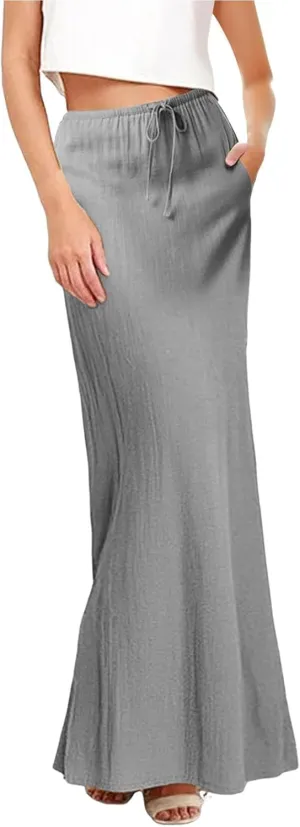 Linen Maxi Skirts for Women Trendy Casual Summer Drawstring Long A Line Skirt Comfy Flowy Boho Beach Vacation Skirt
