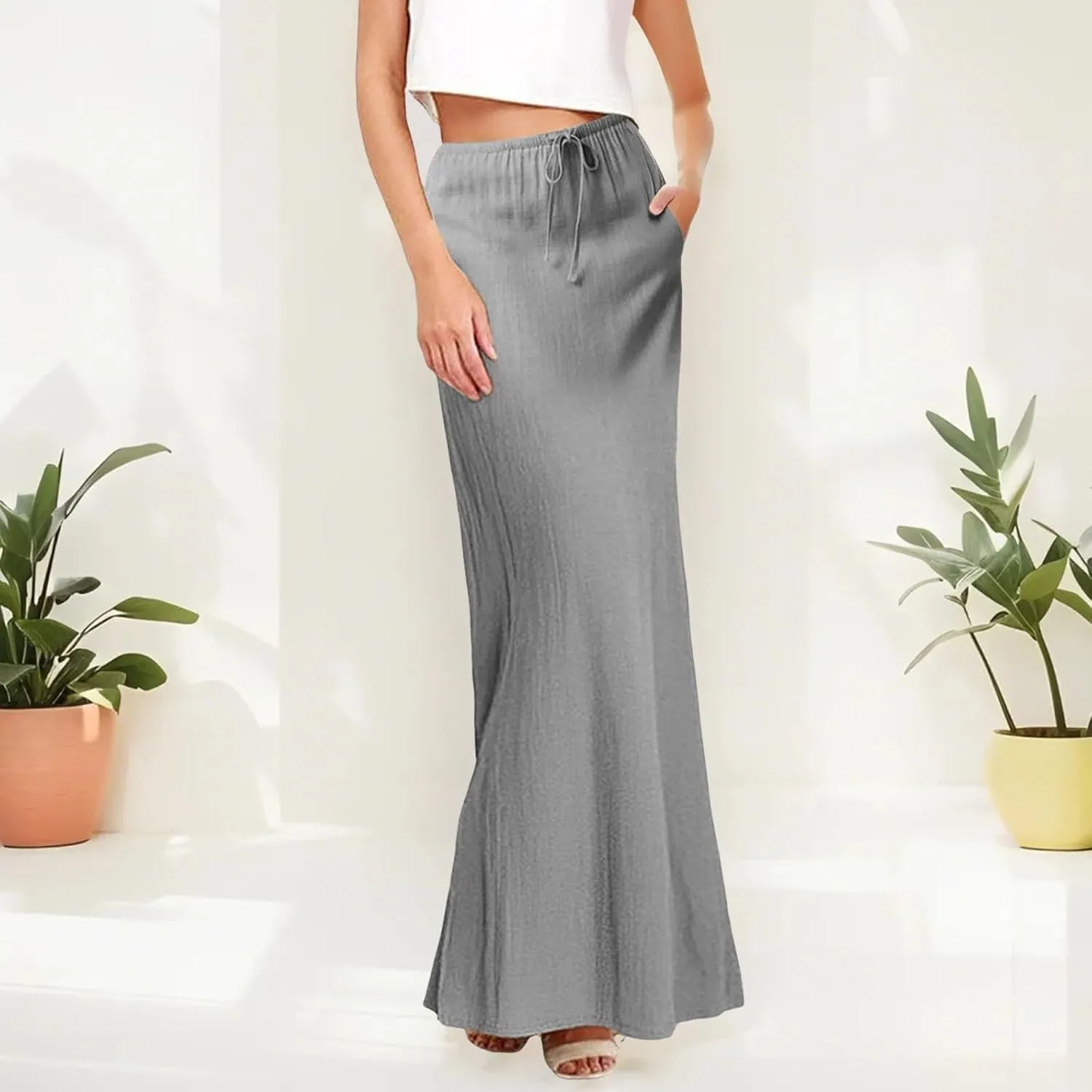 Linen Maxi Skirts for Women Trendy Casual Summer Drawstring Long A Line Skirt Comfy Flowy Boho Beach Vacation Skirt