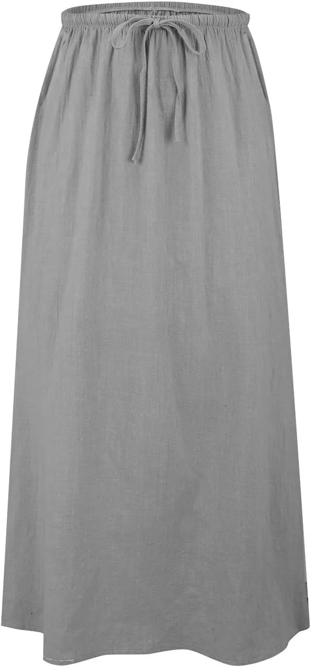 Linen Maxi Skirts for Women Trendy Casual Summer Drawstring Long A Line Skirt Comfy Flowy Boho Beach Vacation Skirt