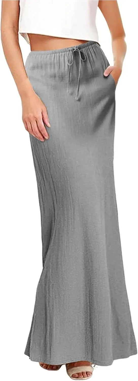 Linen Maxi Skirts for Women Trendy Casual Summer Drawstring Long A Line Skirt Comfy Flowy Boho Beach Vacation Skirt