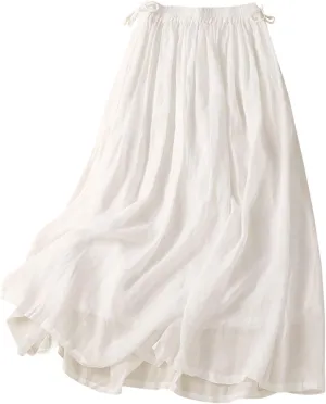 Linen Skirt Womens 2025 Summer Boho Midi Skirt Elastic High Waisted Flowy Swing A-Line Pleated Skirts