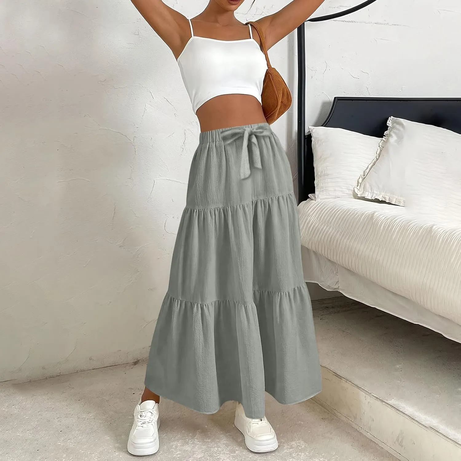 Linen Skirts for Women 2025 Casual Summer Bow High Waisted Tiered Maxi Skirt Flowy Vacation Beach Long Pleated Skirt