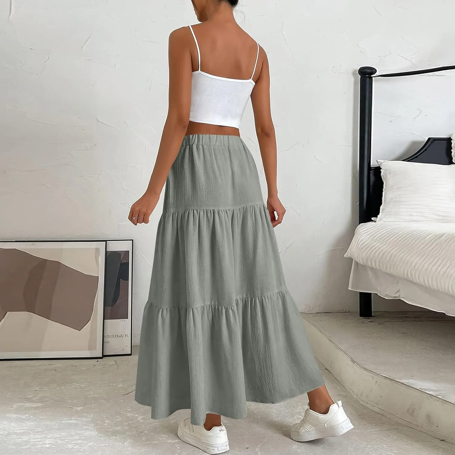 Linen Skirts for Women 2025 Casual Summer Bow High Waisted Tiered Maxi Skirt Flowy Vacation Beach Long Pleated Skirt