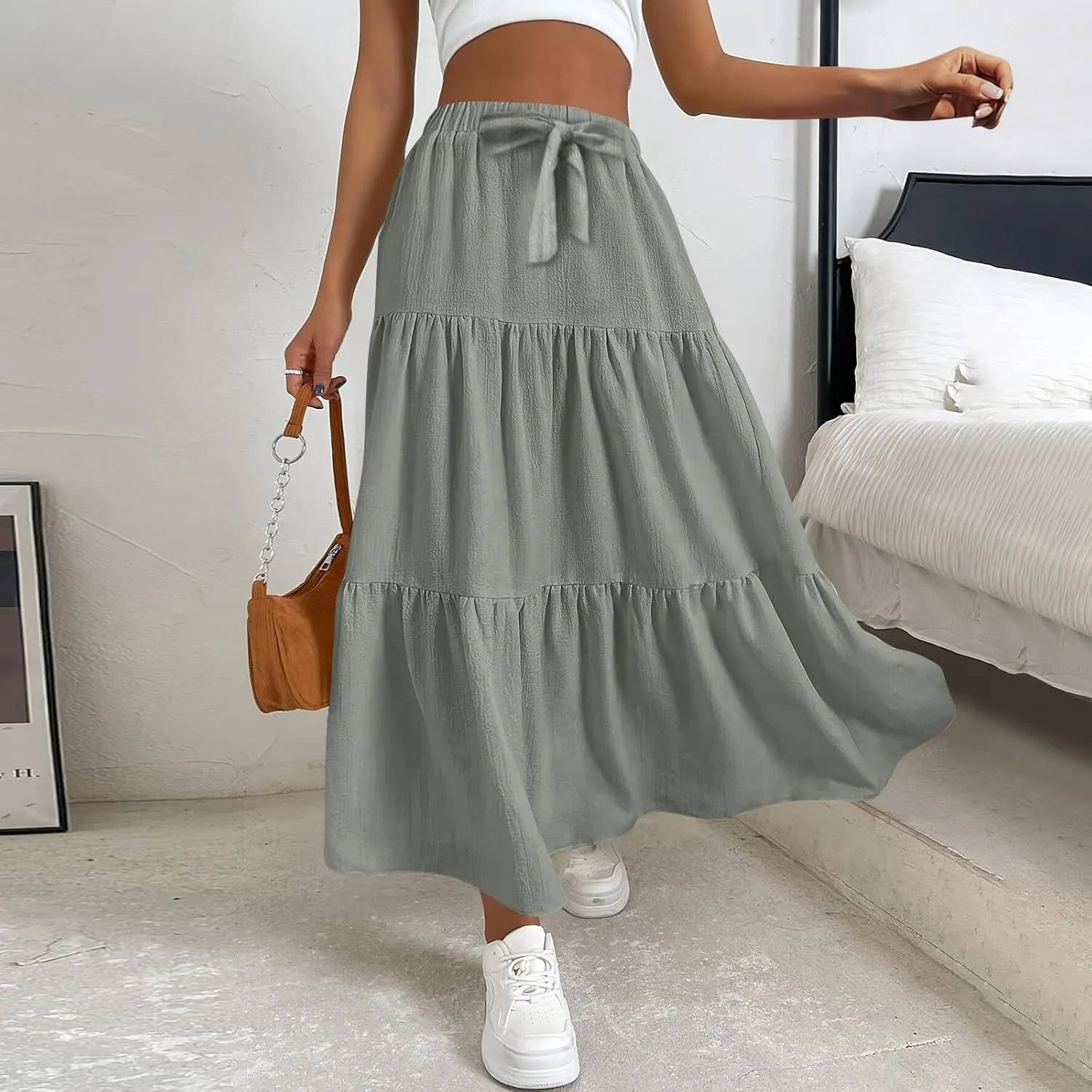 Linen Skirts for Women 2025 Casual Summer Bow High Waisted Tiered Maxi Skirt Flowy Vacation Beach Long Pleated Skirt