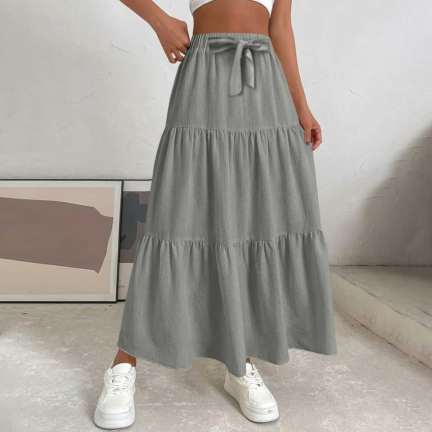 Linen Skirts for Women 2025 Casual Summer Bow High Waisted Tiered Maxi Skirt Flowy Vacation Beach Long Pleated Skirt