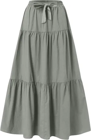 Linen Skirts for Women 2025 Casual Summer Bow High Waisted Tiered Maxi Skirt Flowy Vacation Beach Long Pleated Skirt