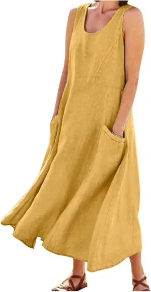 Linen Summer Dresses for Women 2025 Plus Size Maxi Flowy Sleeveless Sun Dress Beach Boho Casual Sundresses with Pockets