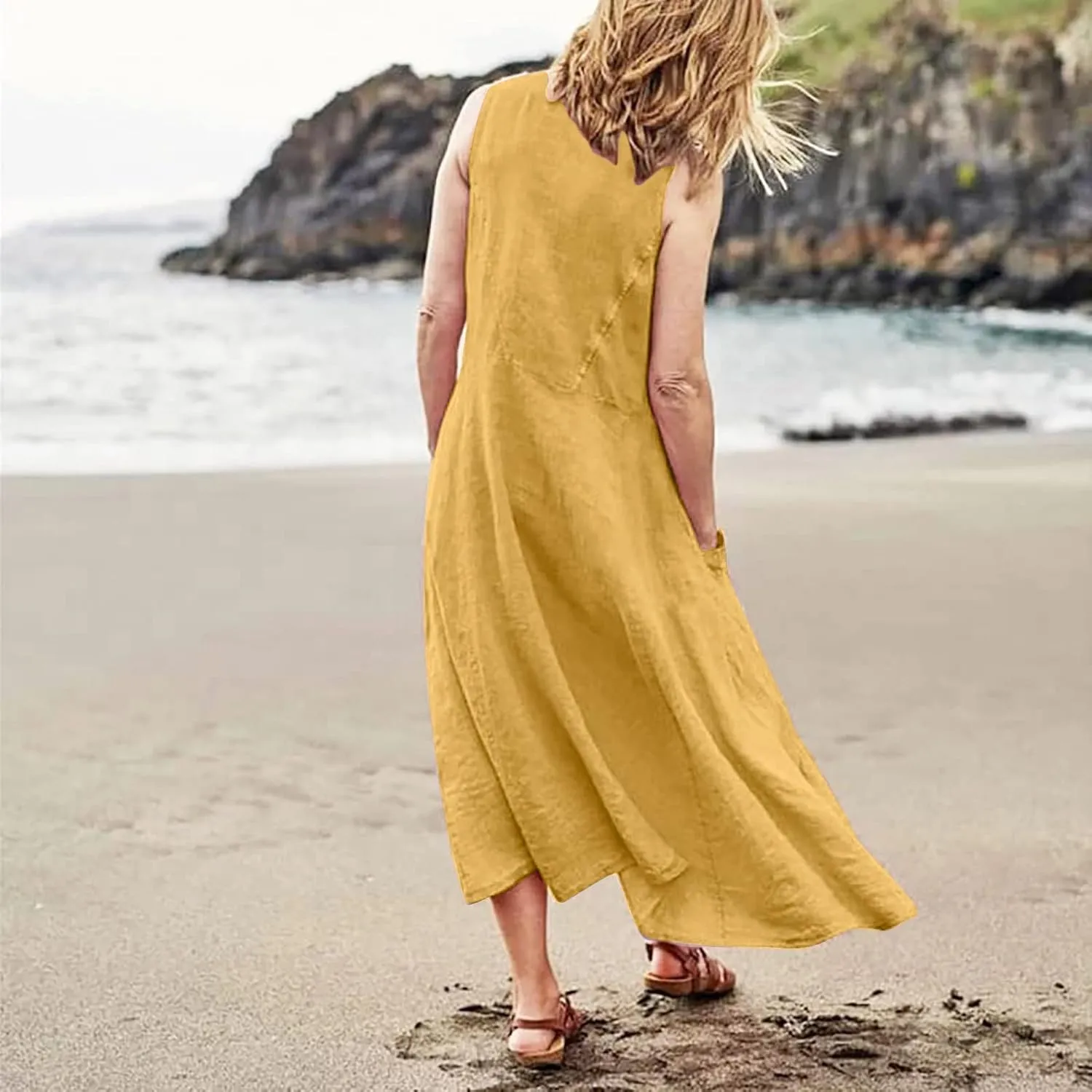 Linen Summer Dresses for Women 2025 Plus Size Maxi Flowy Sleeveless Sun Dress Beach Boho Casual Sundresses with Pockets